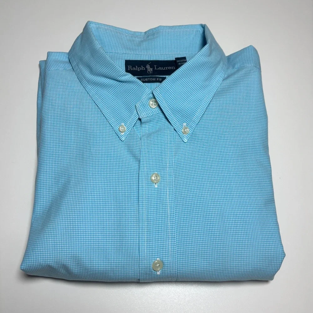 Ralph Lauren Custom Fit Gingham Mens XLT Blue Short Sleeve Button Down Shirt
